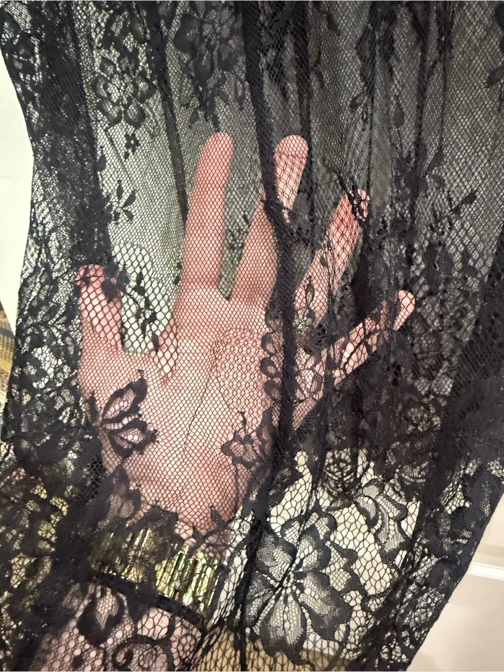 Black Short-Sleeve Dress with Sheer Lace Hem - Picture 6 of 8